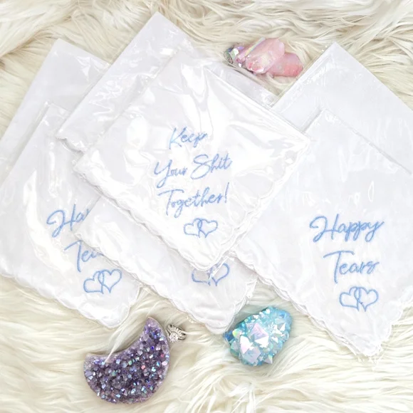 NWT • White Cotton Handkerchief Wedding Keepsake Set (x6) with Blue Embroidery - Picture 4 of 4